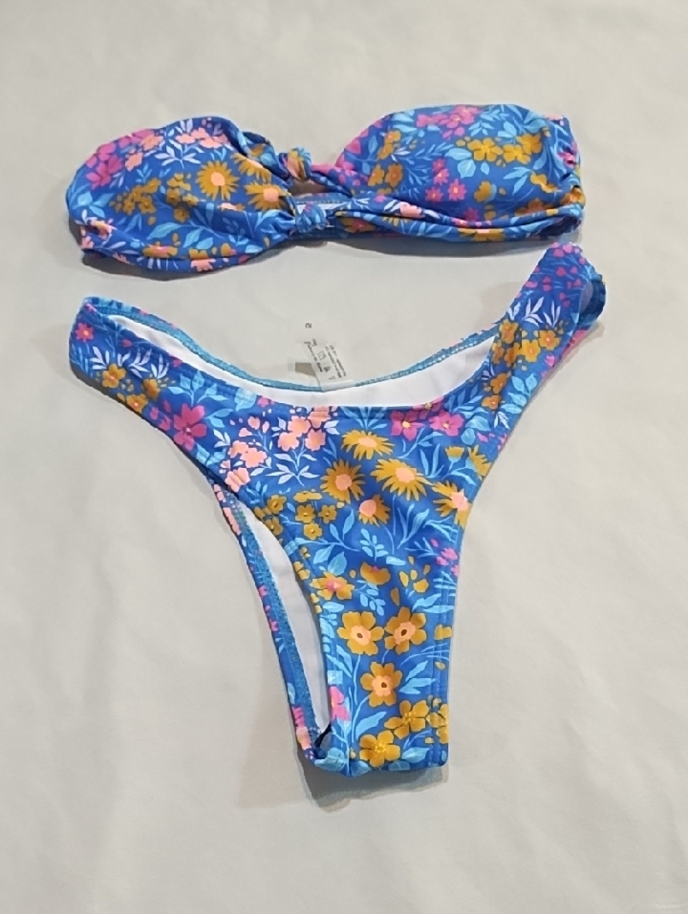 SHEIN NWT Blue Floral Bandeau Bikini Set with Pink & Yellow Flowers Small.